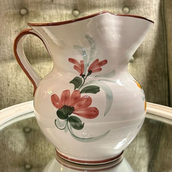 Castelli Italy Hand Painted Ceramic Pitcher Spring Flowers 7.5” x 6” | Vintage - Picture 2 of 7